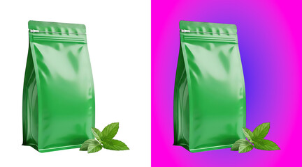 Green stand-up pouch with a zipper, decorated with fresh mint leaves, isolated on a white background, product packaging, studio product shot © Khandakar