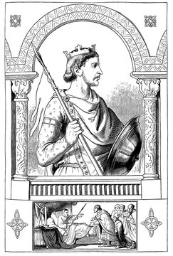 Vintage Engraving of King Conrad I with Crown, Spear, and Shield, and Deathbed Scene Below
