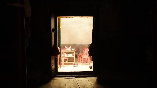 Incense smoke drifting through the doorway of the Luri Gompa cave monastery, Yara, Upper Mustang, Nepal