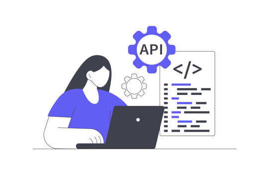 Controlling Operations API Integration and Backend Software Management. Female Specialist Working on Laptop near API Tag and Code Script Screen. Flat Cartoon Vector Illustration, icon Stylish abstract