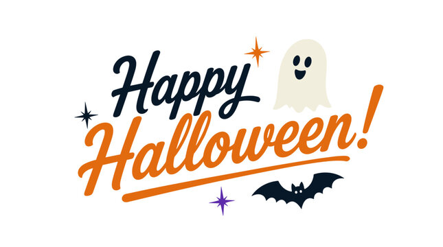Happy Halloween lettering with ghost and bat.
