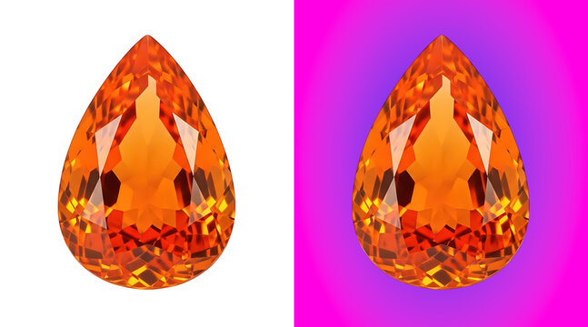 Pear-shaped orange gemstone with faceted surface, shown against black and vibrant pink gradient backgrounds