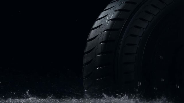 Vehicle Tire Rolling Through Shallow Water With Dramatic Splashes in a Dark Setting