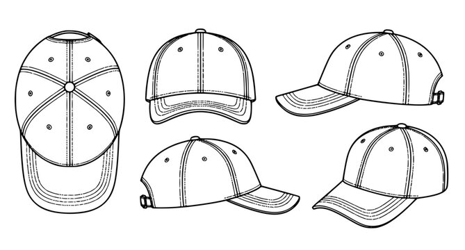 Baseball cap technical outline vector collection with multiple viewing angles