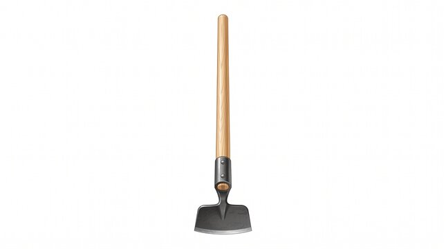 A garden hoe with a wooden handle and a metal blade, isolated on white background
