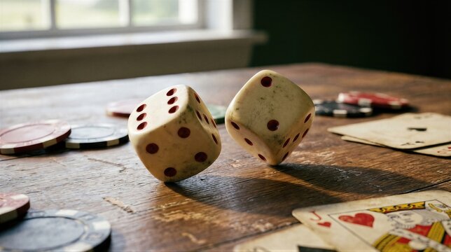 Two vintage dice balancing on edge on wooden table with poker chip and playing card. Casino gambling game of chance and luck. Risk betting and fortune win concept for gaming entertainment