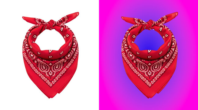 Red bandana with white paisley pattern, tied in a knot, displayed on black and pink gradient backgrounds