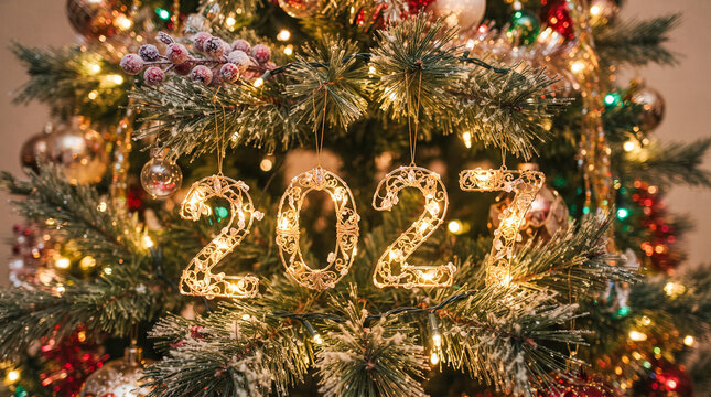 Decoraci&oacute;n festiva para el a&ntilde;o nuevo 2027. Las cifras iluminadas con luces de hadas cuelgan de ramas de abeto, junto a una pancarta que dice "HAPPY NEW YEAR". Fondo c&aacute;lido con chimenea y &aacute;rbol de Navi