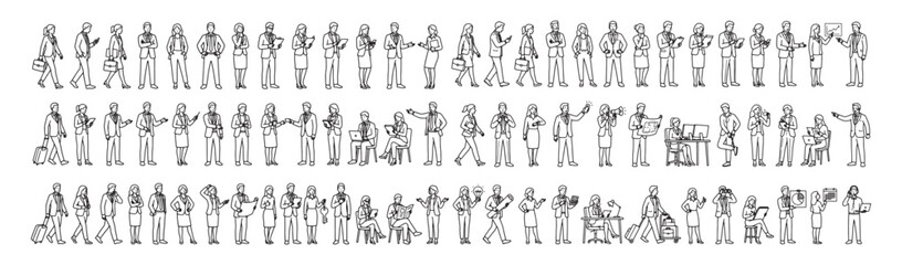Obraz premium Business People Line Art Collection Showing Office Team Interactions, Communication, and Workplace Activities