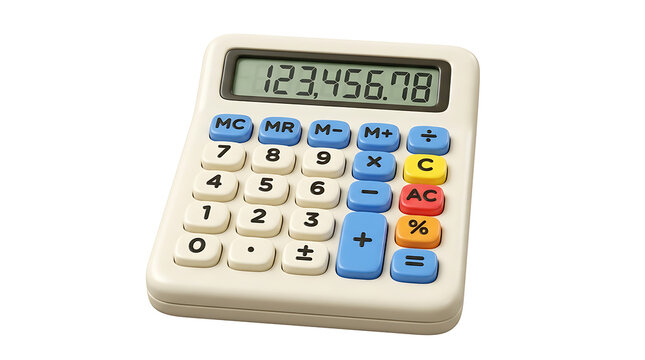 A beige electronic calculator with a digital display showing numbers and colorful buttons on a white background, used for various computations.