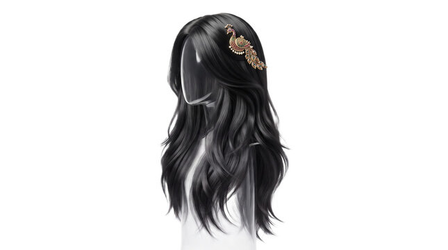 Brunette wavy wig on mannequin head, long brown curly hairpiece for beauty salon, realistic synthetic hair extension on white background