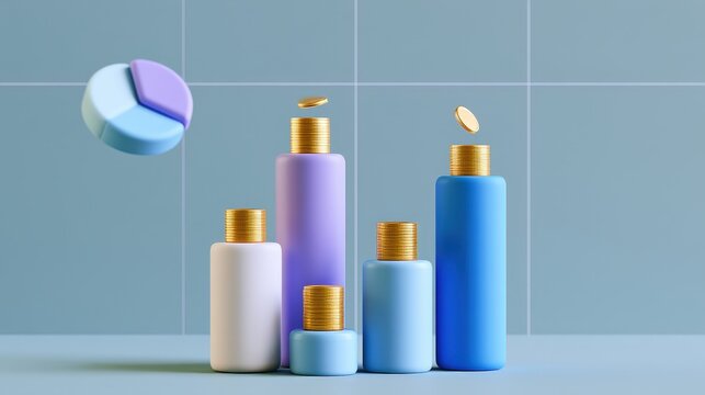 Financial growth represented by stacked coins on bottles and a pie chart. Concept for investment and profit.