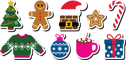 Obraz premium Christmas, hand drawn sticker collection with tree, ball, gift, stocking, cookie, cup, hat, sweater and gloves vector illustrations.