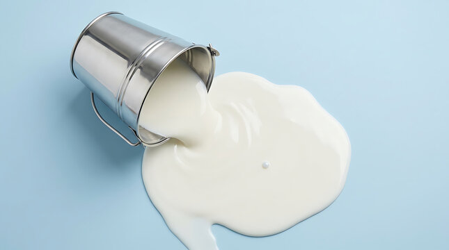 Fresh white milk spilling from a small silver bucket on a light blue background