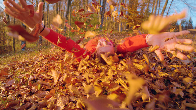 CLOSE UP: Cheerful woman rolls among fallen autumn leaves with her arms stretched wide as colourful foliage flies through the air. Playful moment of laughter, freedom and simple joy of enjoying fall.