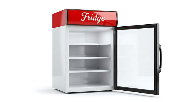 Empty commercial display fridge with open glass door isolated on white background