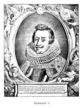 Vintage Baroque Engraving of "Ferdinand II" with Ruff Collar, Latin Biographical Inscription, and Cherubs