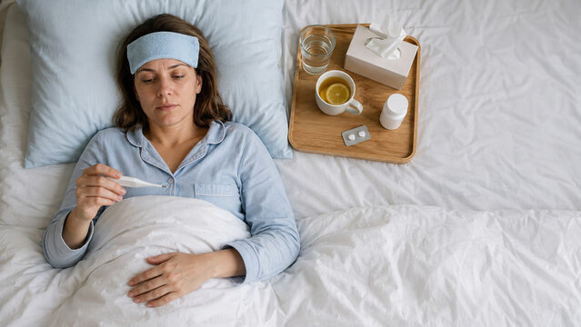 Sick woman resting in bed with fever and cold compress, holding a thermometer, concept of flu, illness, home treatment, recovery and healthcare.