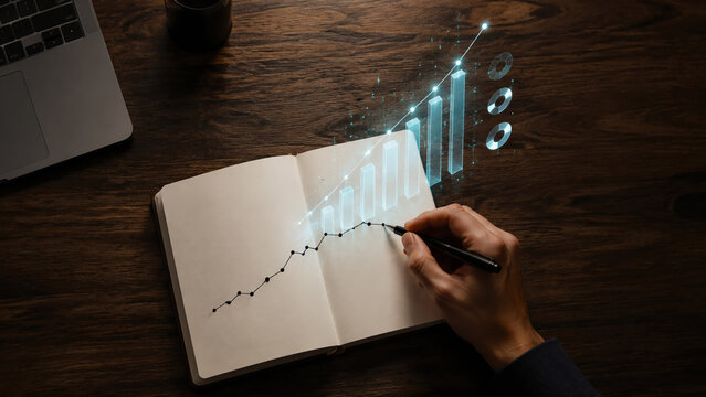 Businessperson drawing a growth chart in a notebook with holographic analytics, representing financial planning, business strategy, progress and increasing performance.