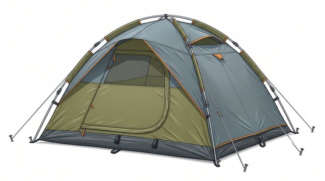Camping tent with a dome design, featuring a green and grey color scheme, isolated on white background