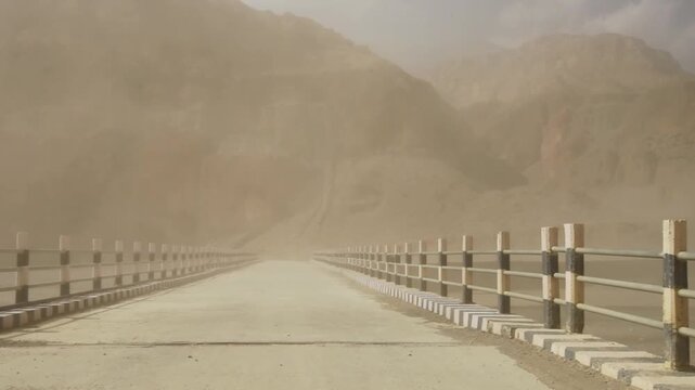Strong sand and dust storm sweeping across the Kali Gandaki riverbed near Chele, Upper Mustang, Nepal, handheld with wind