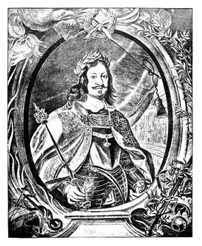 Vintage Baroque Engraving of German king Ferdinand III with Laurel Wreath and Ornamental Oval Frame