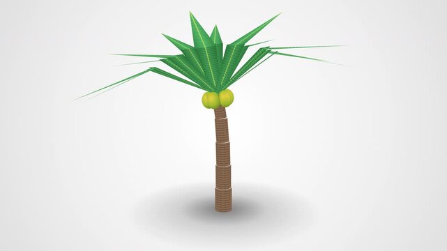 A photorealistic and organically swaying 3D coconut tree with height reduced by 20% on a bright white canvas.