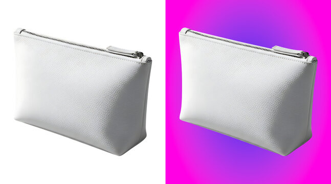 White leather cosmetic pouch with a zipper closure, isolated on a white background, empty makeup bag for beauty products and accessories