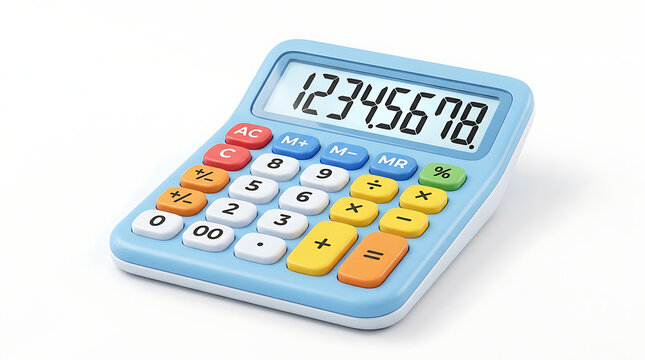 A light blue electronic calculator with colorful buttons and a digital display showing numbers.