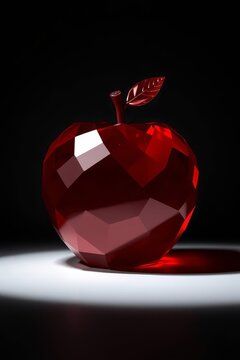 Low-poly faceted red glass apple sculpture illuminated under a spotlight on black background
