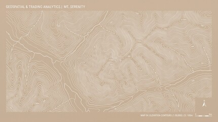Obraz premium Topographic map illustration featuring white elevation contour lines on a solid muted brown background with background technical labels labels scale bar