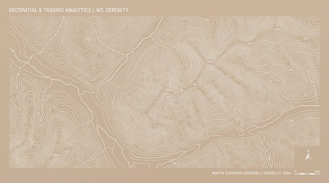 Topographic map illustration featuring white elevation contour lines on a solid muted brown background with background technical labels labels scale bar