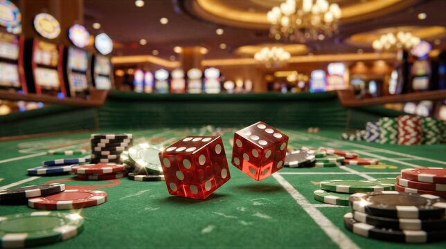 Red dice rolling on green craps table with poker chip stack in luxury casino interior. Gambling game of chance and risk concept for fortune and entertainment industry and bet wins.
