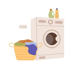 Washing electric machine, wicker laundry basket and detergents. Flat vector illustration isolated on white background. Home washer appliance, laundry basket with dirty laundry and bottles. © Jen