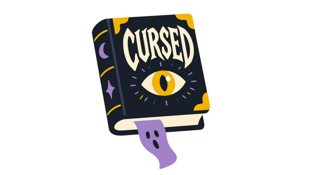 Mystic cursed spellbook illustration with eye emblem.