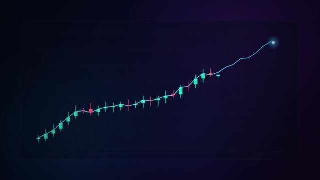 Rising candlestick chart with glowing upward trend line