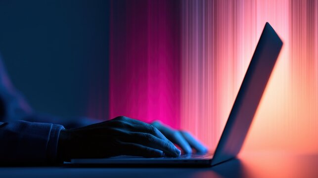 Person typing on a laptop with neon blue and pink motion lighting. Perfect for cybersecurity, hacking, and digital innovation concepts.