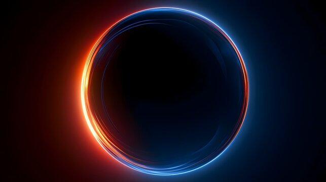 Liquid glass round frame with solar eclipse effect on black 3d background. Blue translucent circle with glowing neon orange rings, bright red halos on dark bg. Abstract space banner. 