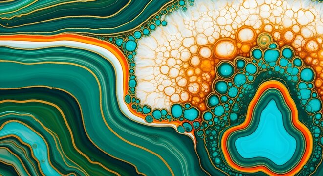 Abstract fluid acrylic painting with green turquoise and orange geode agate marble texture.