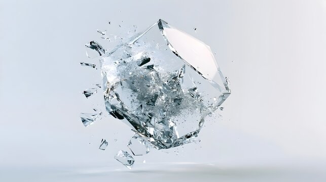 Minimalist shattered glass. white background geometric prism explosion with particle debris, broken ice crystal shards on white background Bg, futuristic 3D render, light scatter, 3D glass shape.