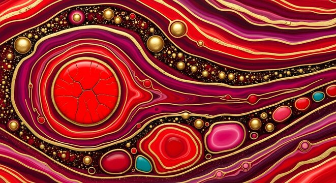 Abstract luxury red agate marble background with gold glitter accents and fluid liquid swirling patterns.