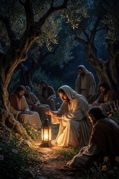 Jesus prays fervently in Garden of Gethsemane at night. Solitary lantern glows near man kneeling in prayer. Sleeping disciples rest under olive trees in dark garden. Biblical scene shows spiritual