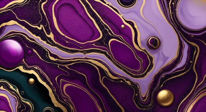 Abstract purple and gold fluid marble background with liquid acrylic swirling textures and metallic glitter accents.