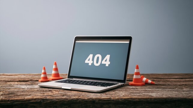 A laptop displaying a 404 error page stands on a wooden desk surrounded by tiny traffic cones under soft studio lighting. Perfect concept image for website maintenance and technical issues.