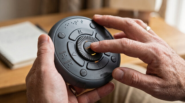 Close up hands operating assistive gadget, showing tactile controls and braille. Senior person uses assistive gadget, adjusting rotary dial for accessibility. Concept assistive gadget 