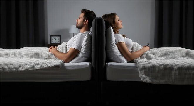 A relaxed couple lying back-to-back on a modern bed in a dimly lit bedroom, both appearing deeply at ease with one holding a smartphone while the other rests hands on the quilt, evoking a serene.