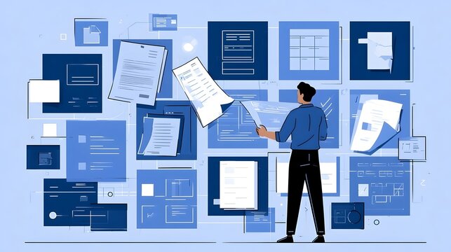 Procurement manager organizing workflow documentation including contracts, purchase orders, bids and compliance records to track costs and improve efficiency in B2B purchase management.