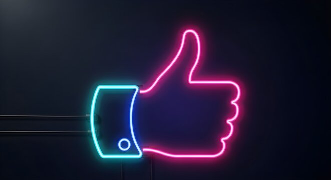 Glowing neon thumbs up sign mounted on dark wall background representing social media like approval and agreement.