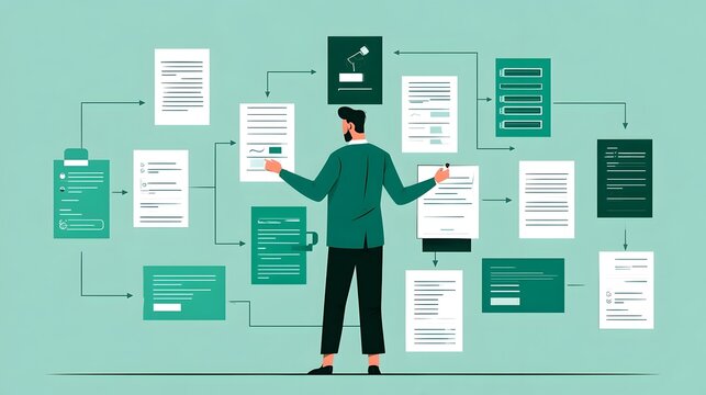 Procurement manager organizing workflow documentation including contracts, purchase orders, bids and compliance records to track costs and improve efficiency in B2B purchase management.