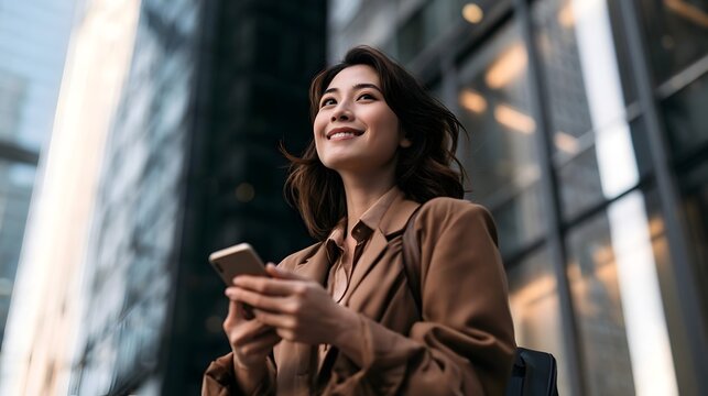 Smiling businesswoman in brown blazer holding cell phone smartphone in modern city street at office buildings, looking away. Asian busy woman using phone. Urban lifestyle. Web banner, copy space